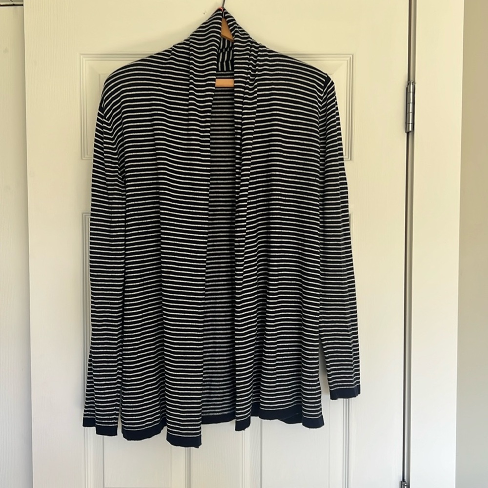 Joe Fresh Cotton Navy Striped Long Sleeve Cardigan Womens L Open Front‎ Sweater